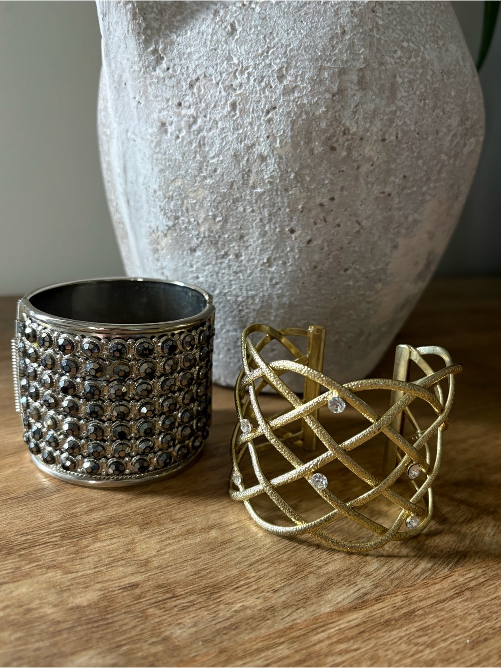 2 Statement Vintage Cuffs Gold Lattice & Gunmetal Black Rhine Crystal Adjustable